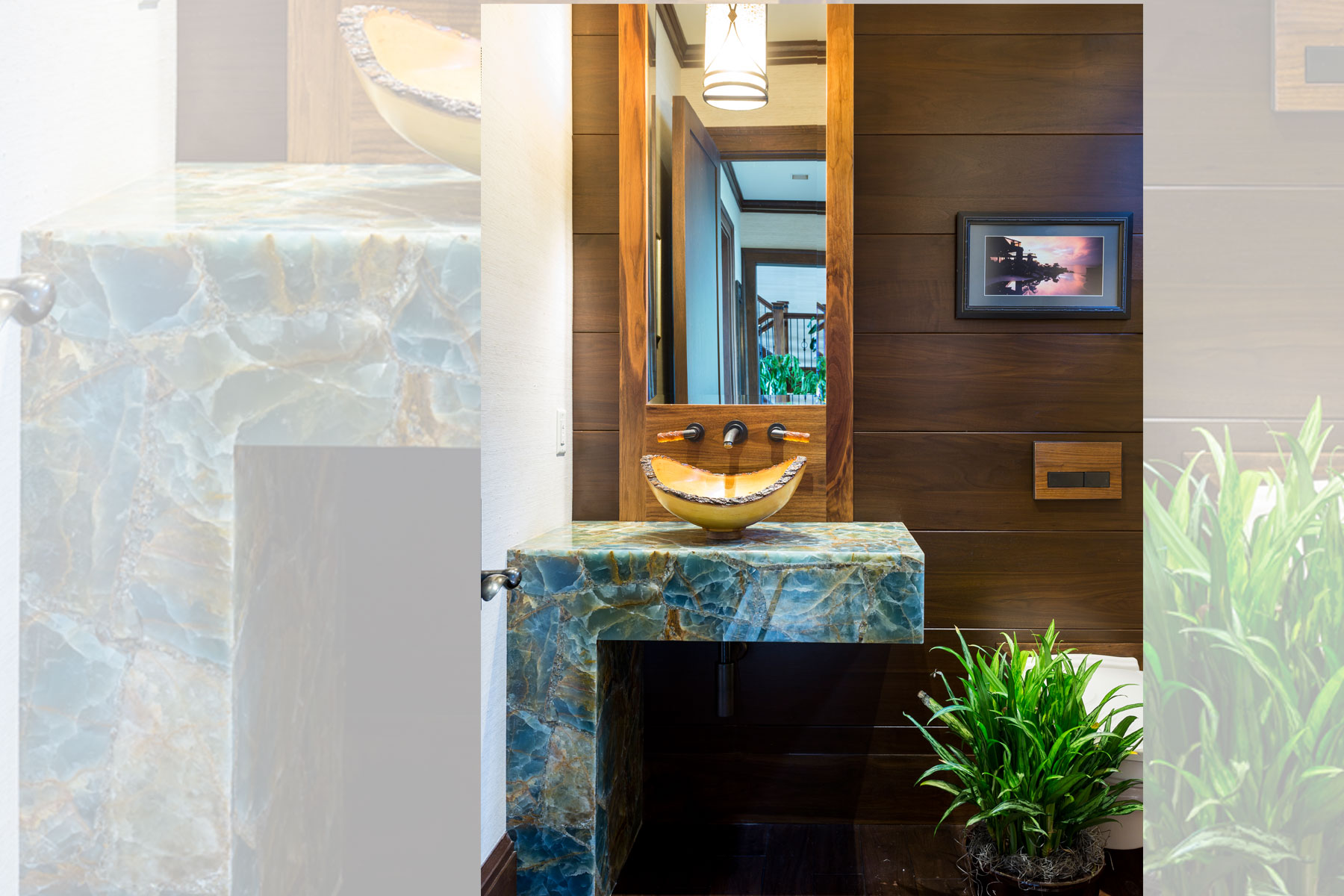 Artisan Style Floating Vanity With Exotic Stone in the Modern Rustic Mountain Estate Home