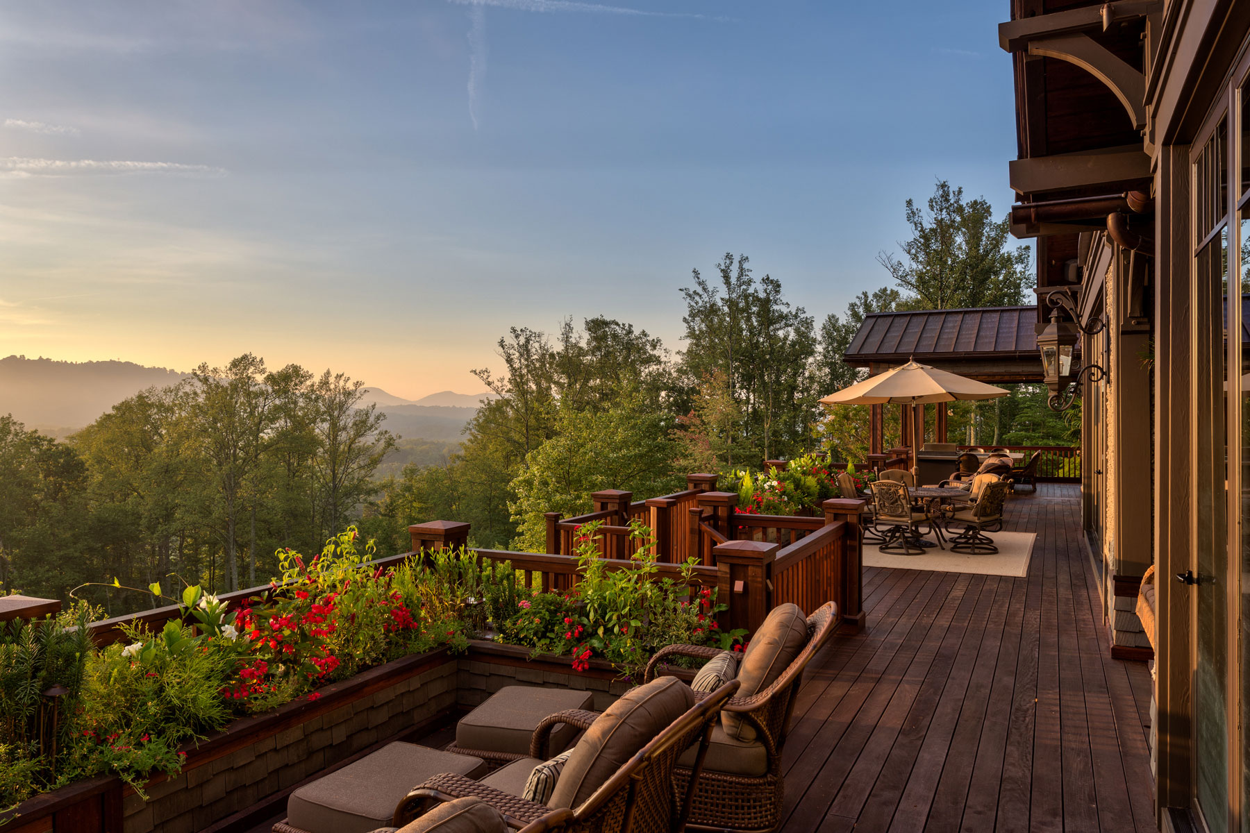 Mountains view of back deck at sunset