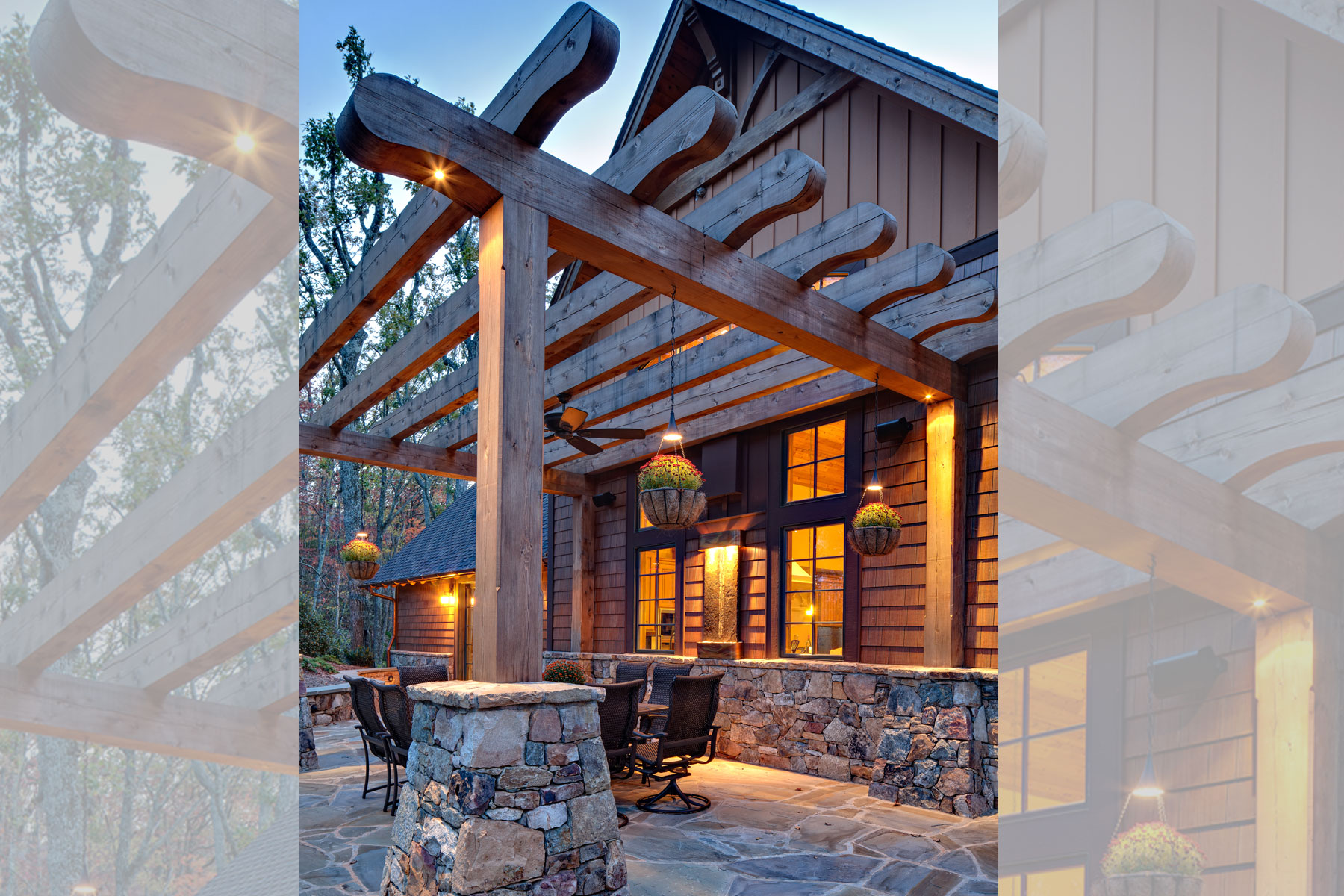 Stone patio for large beam pergola