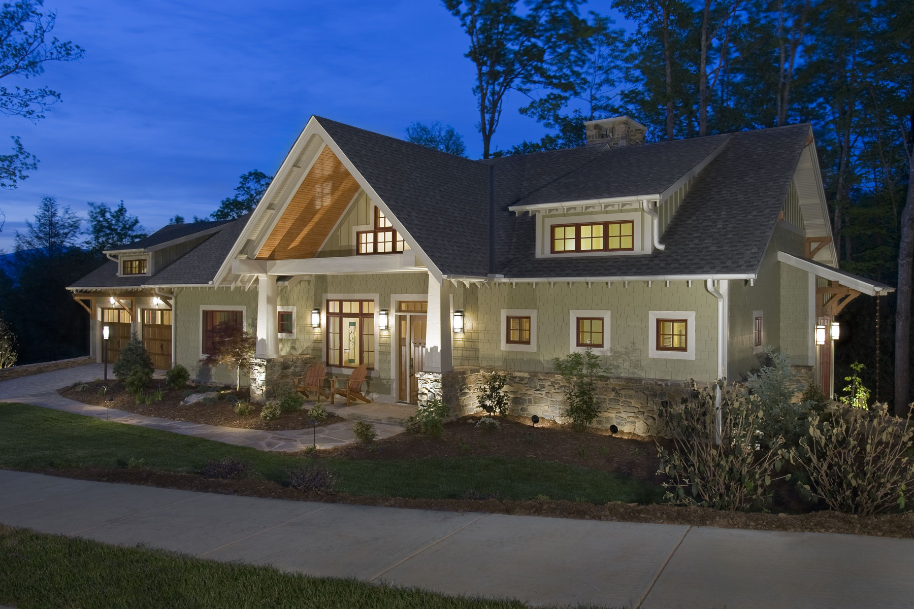 Front Elevation at Night of the Sustainable Living Craftsman