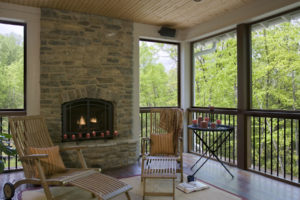 Screened porch with wood burning fireplace in stacked stone