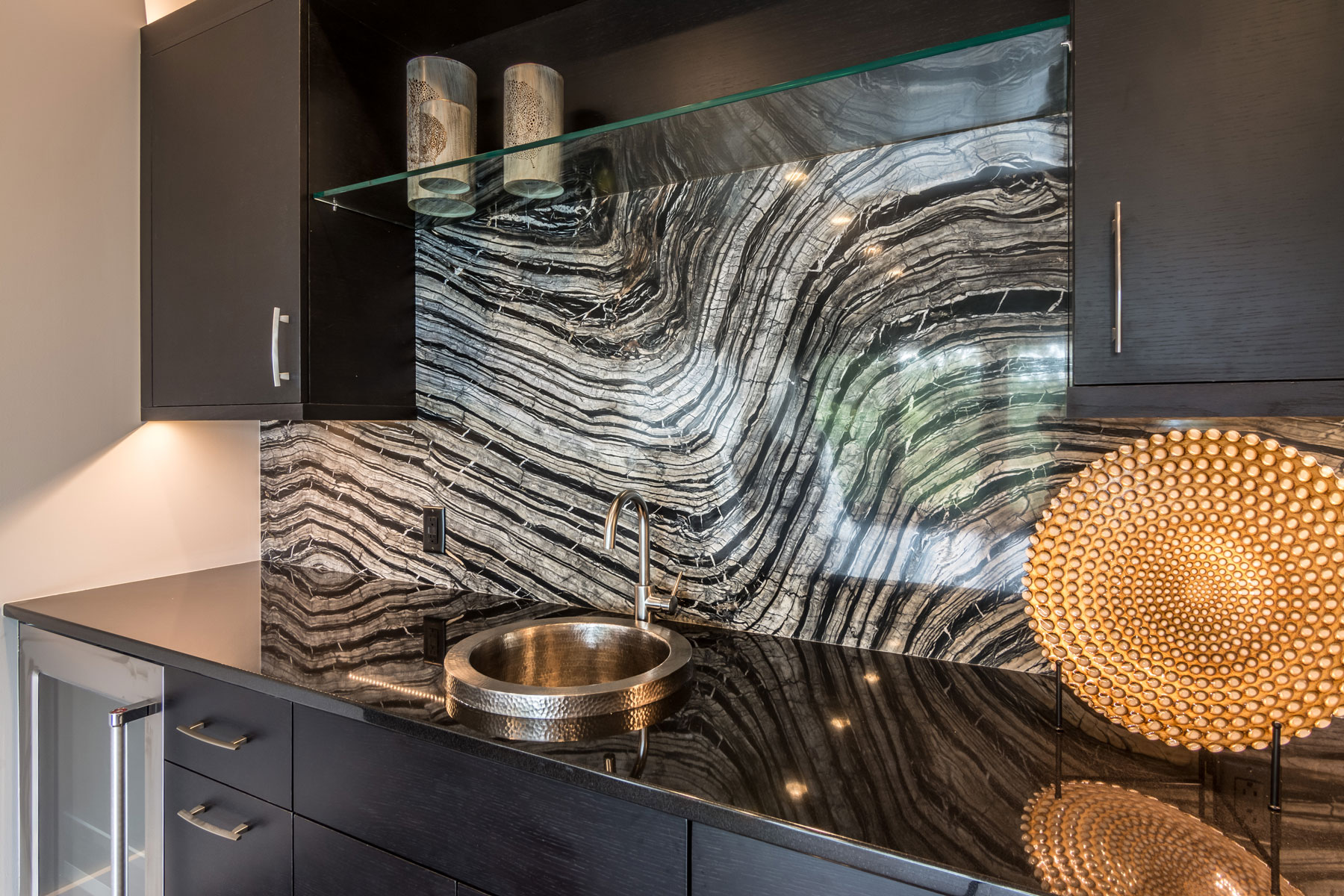 Bar with exotic granite backsplash, modern design