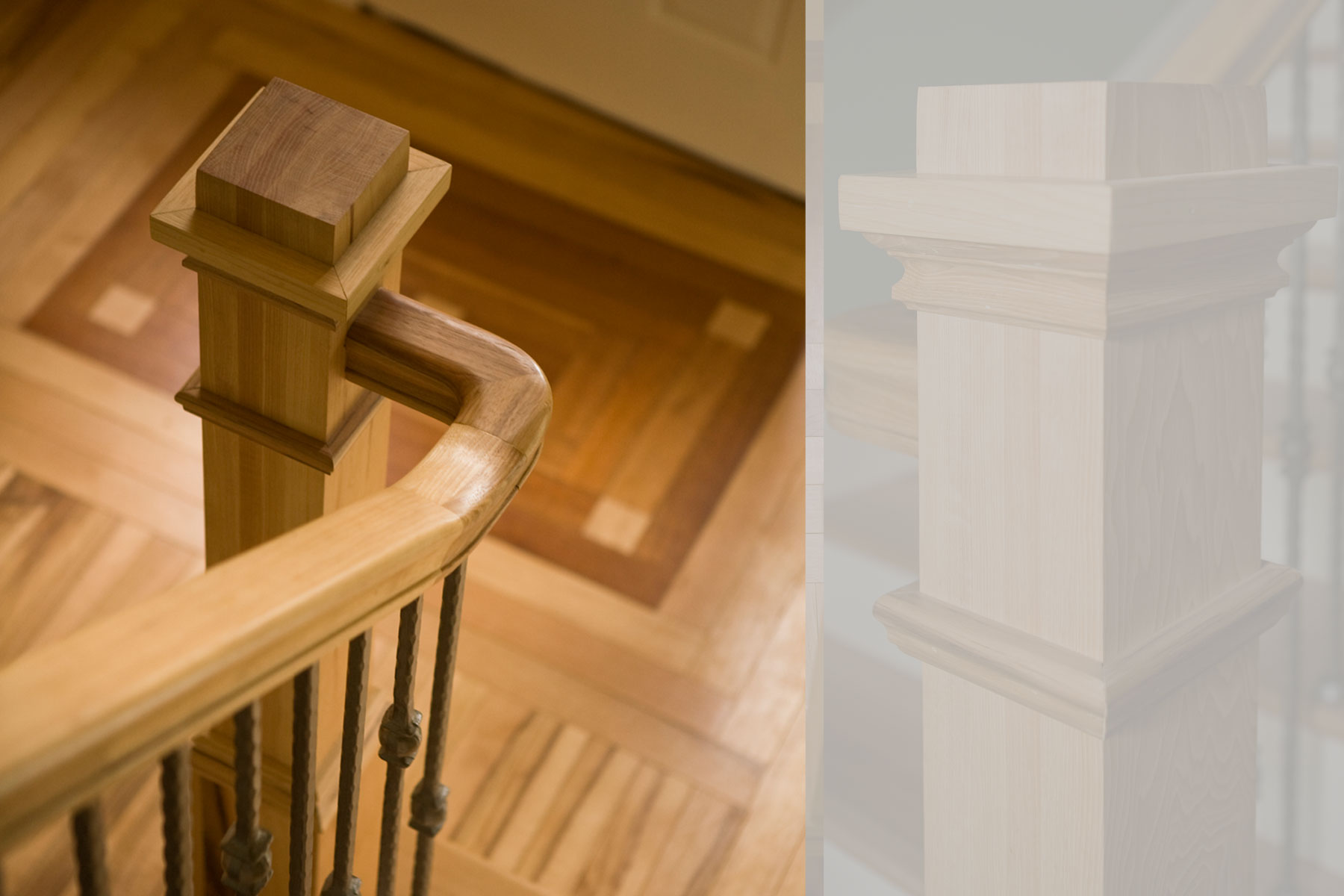 Detail of wood newel post in craftsman style renovation along with inlaid wood floor detail