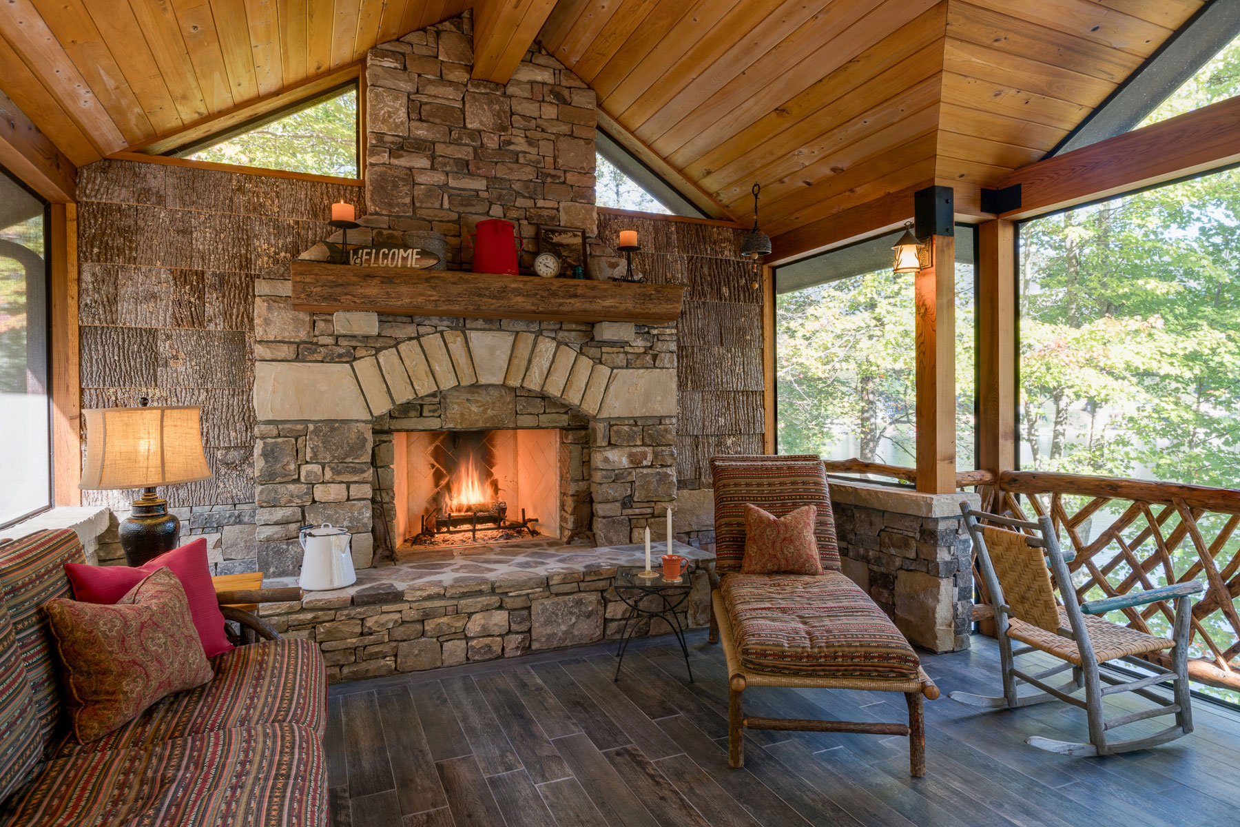 Rustic Hearth with Stacked Stone in Outdoor Room in Lake Lure Renovation & Addition