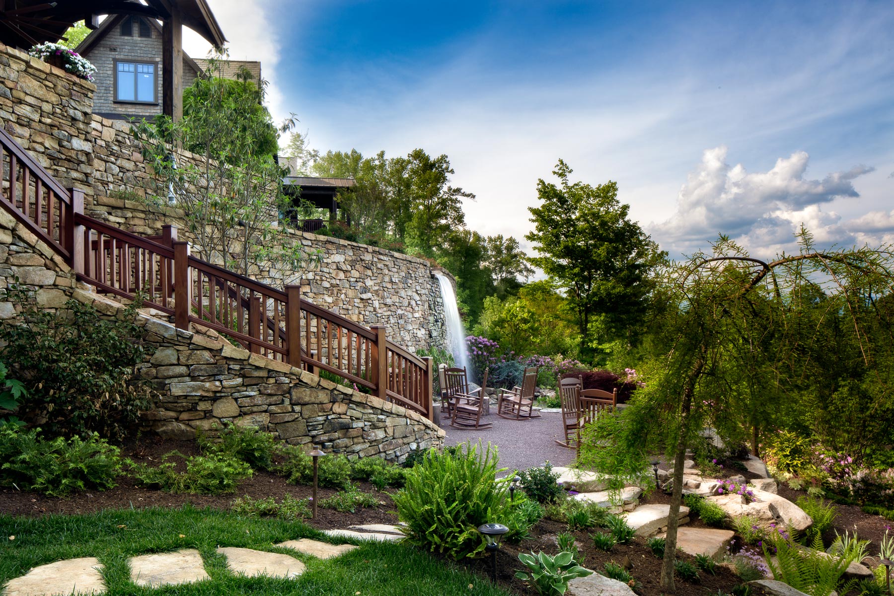 waterfall and seating area