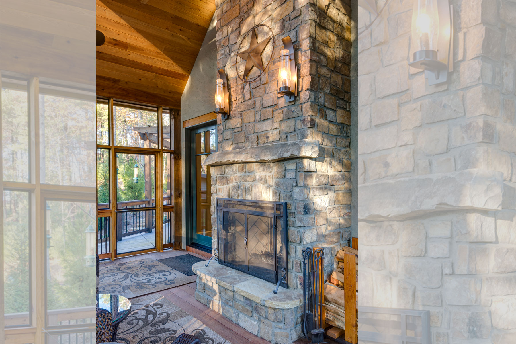 Stone fireplace on screened porch in Biltmore Forest Ramble Romantic