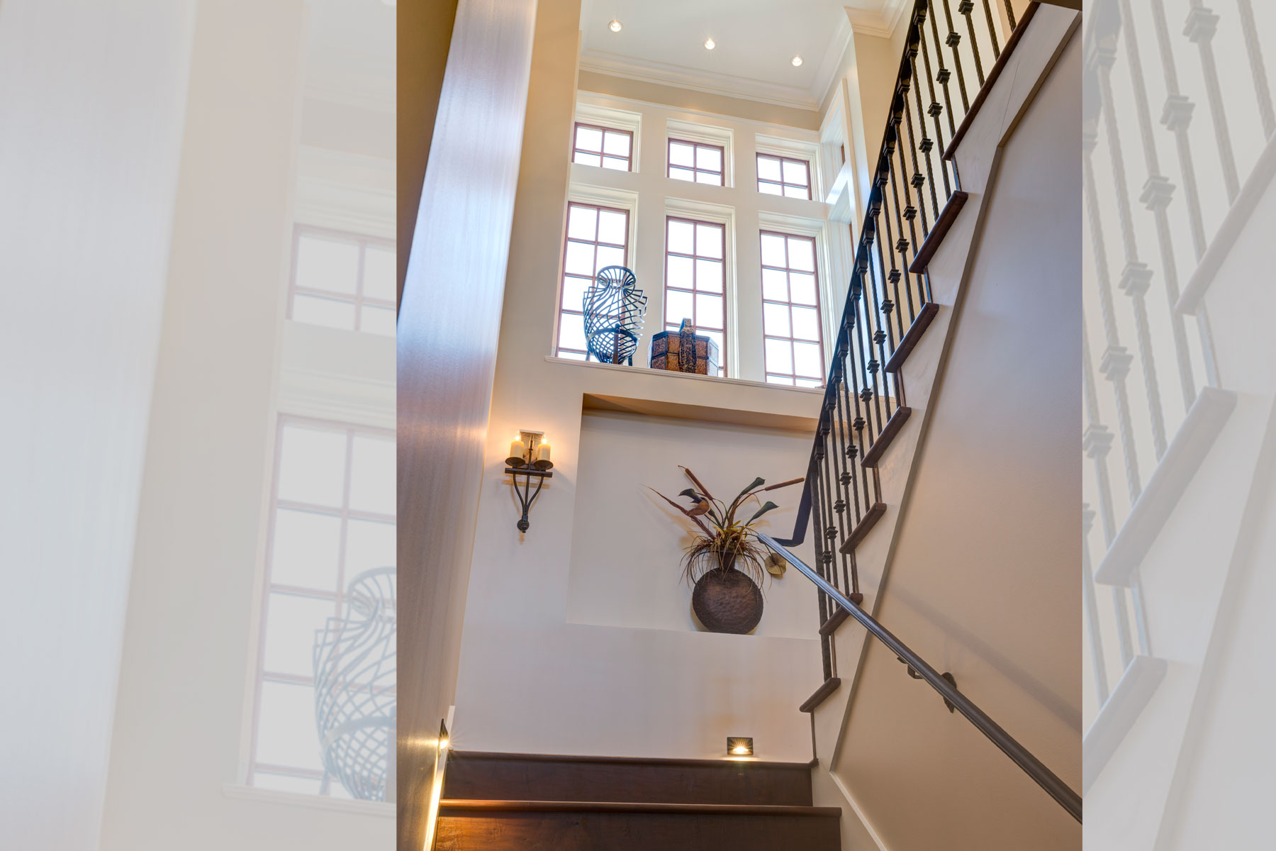 Stairs to lower level in architect designed Biltmore Forest Ramble Romantic