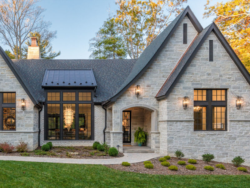 Front elevation of new stone house designed by ACM Design of Asheville, NC