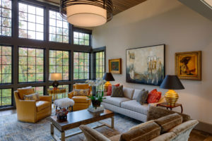 Formal Living area of mountain home with wall of windows