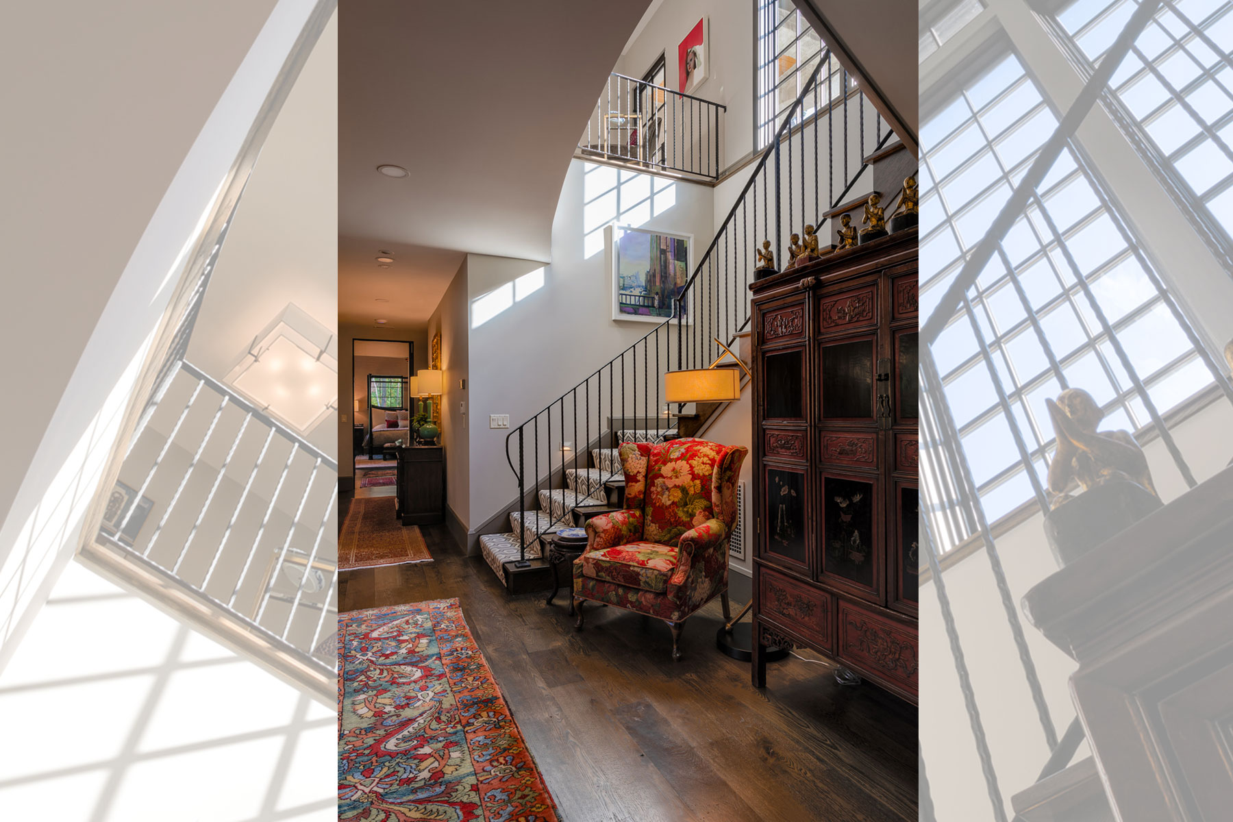 Two-story foyer with staircase to lower level