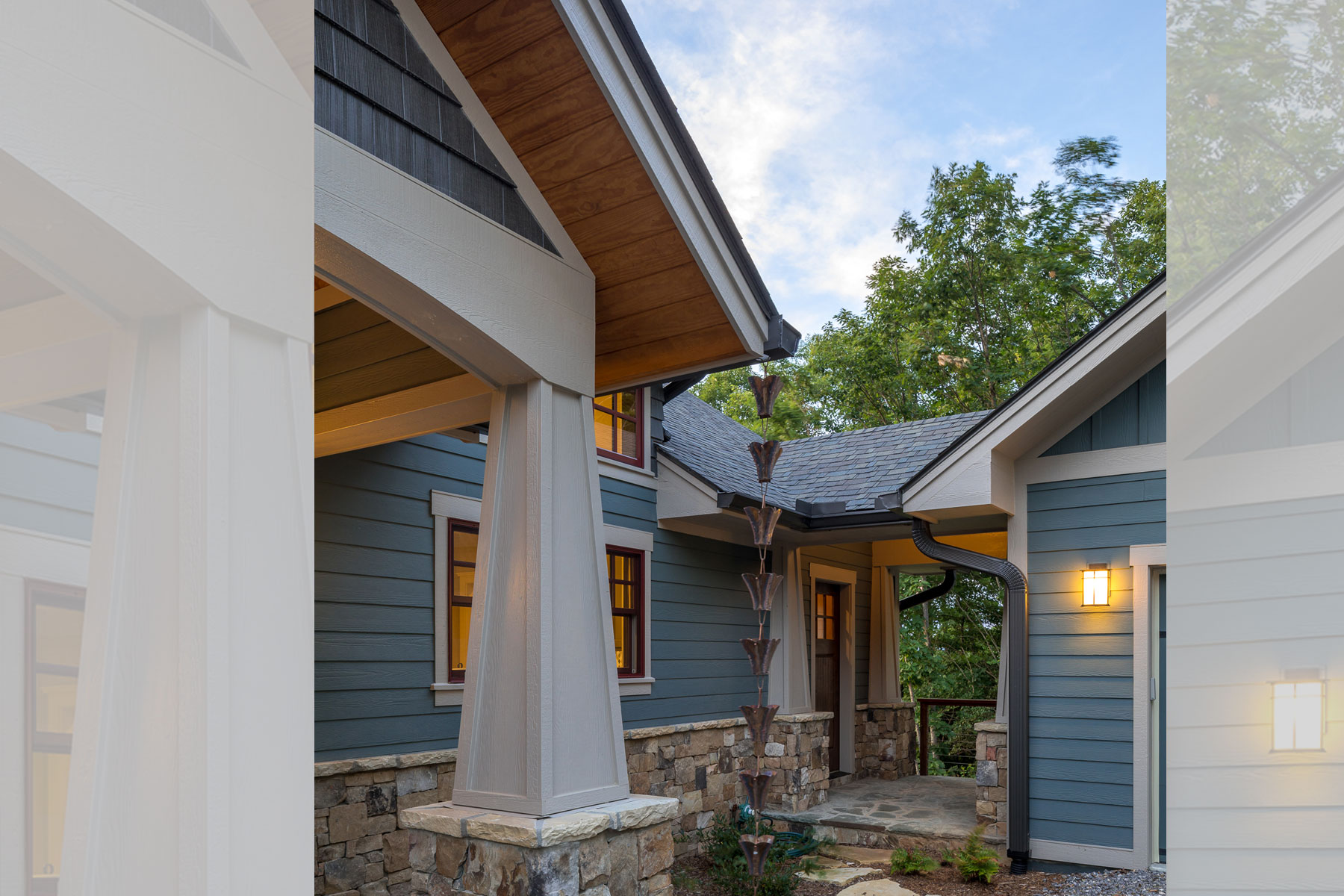 Breezeway from garage to main home in Traditional Mountain Craftsman