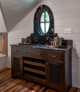 Custom buffet cabinet with marble backsplash with whole for built windwo