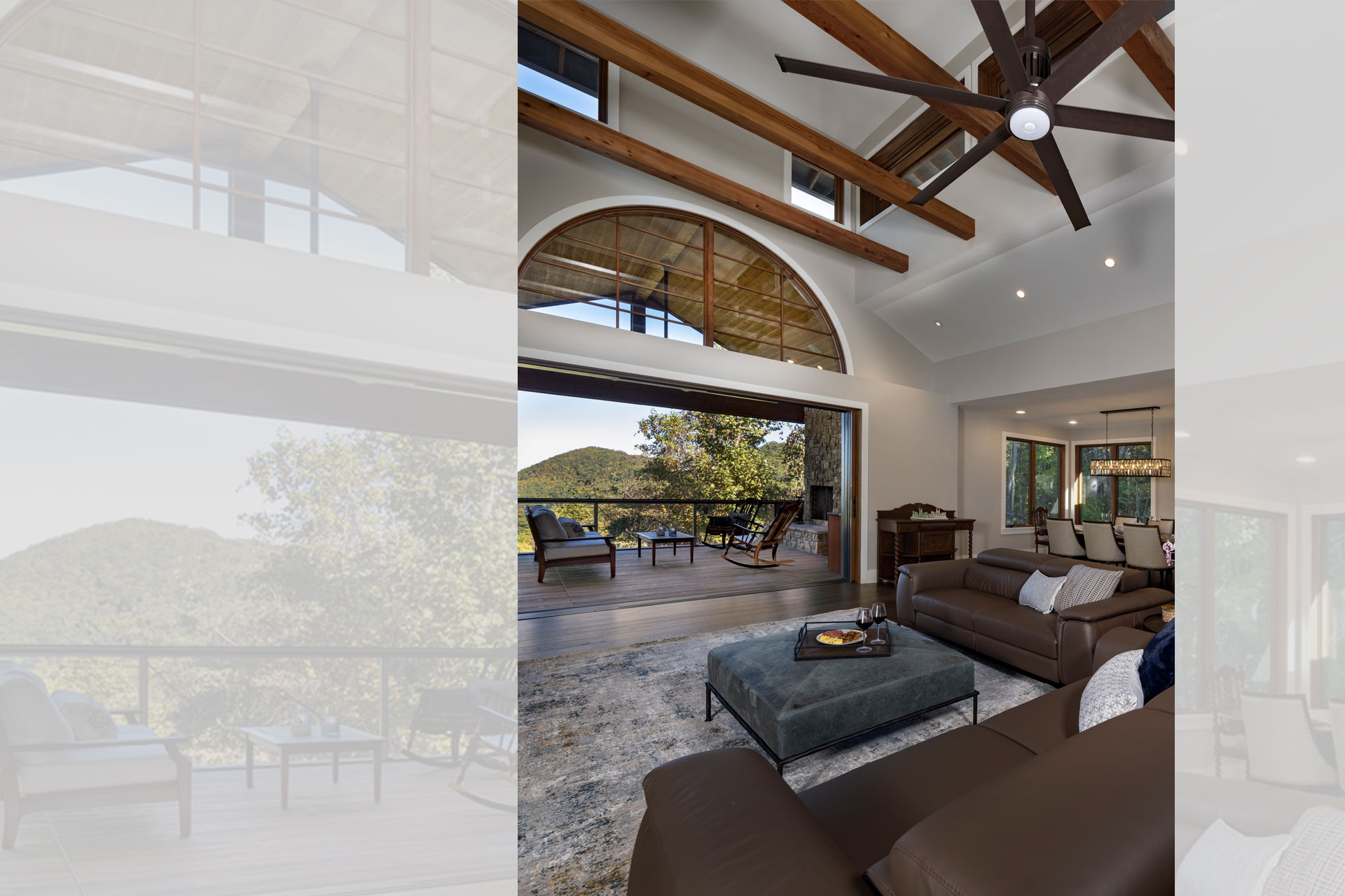 great-room-accordian-doors-open-screened-porch-mountain-view-arched-window