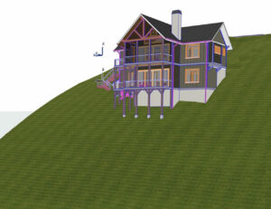 Rear elevation of mountain lake home on steep slope