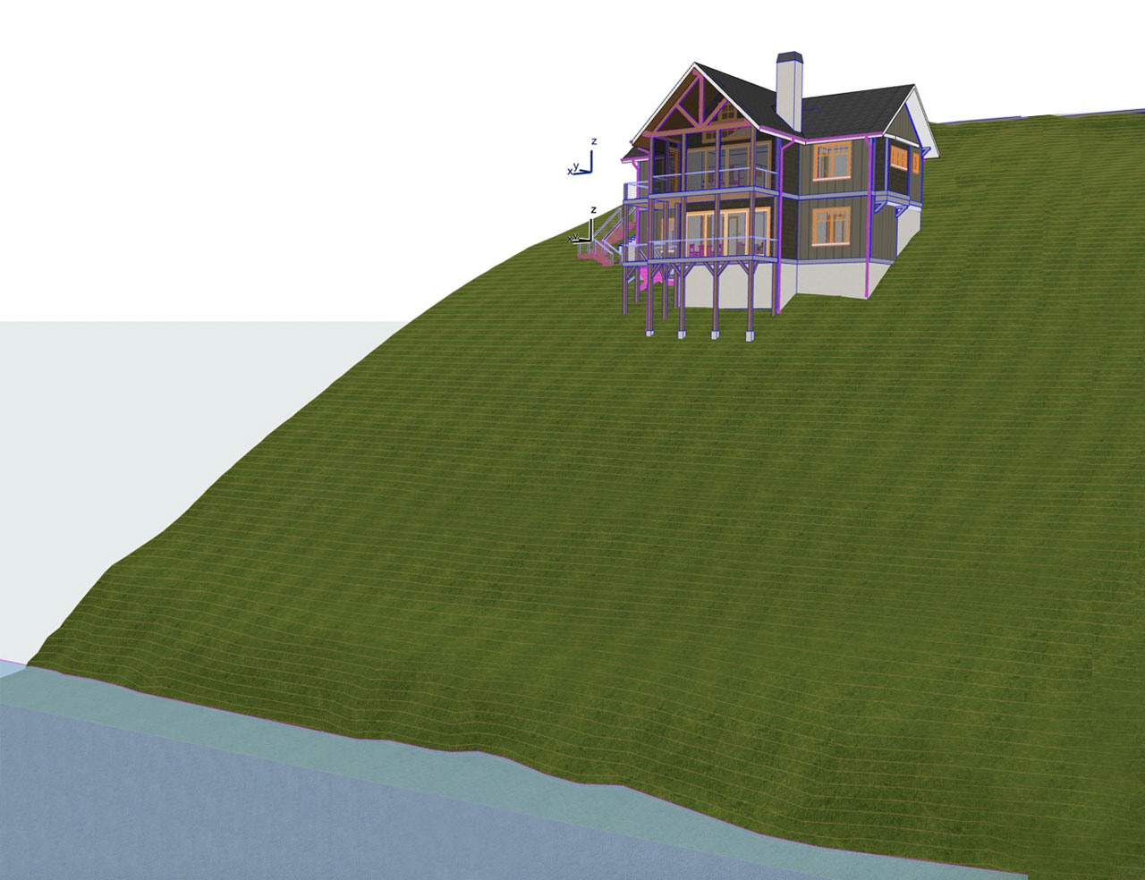 Rear elevation of mountain lake home on steep slope