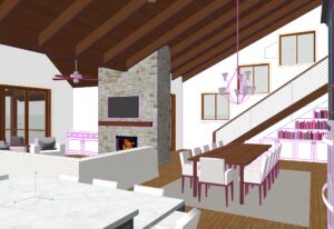 Design rendering of main floor renovation of Maggie Valley vacation home by architecture firm, ACM Design