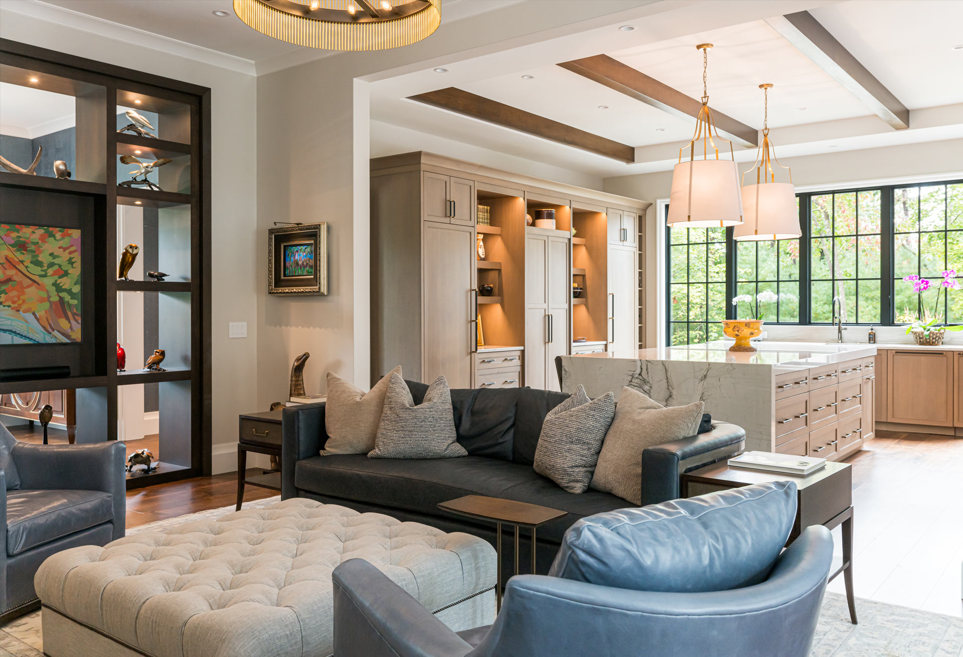 Large, new construction home in Asheville designed by Amy Conner-Murphy with gathering room open to entertainer's kitchen