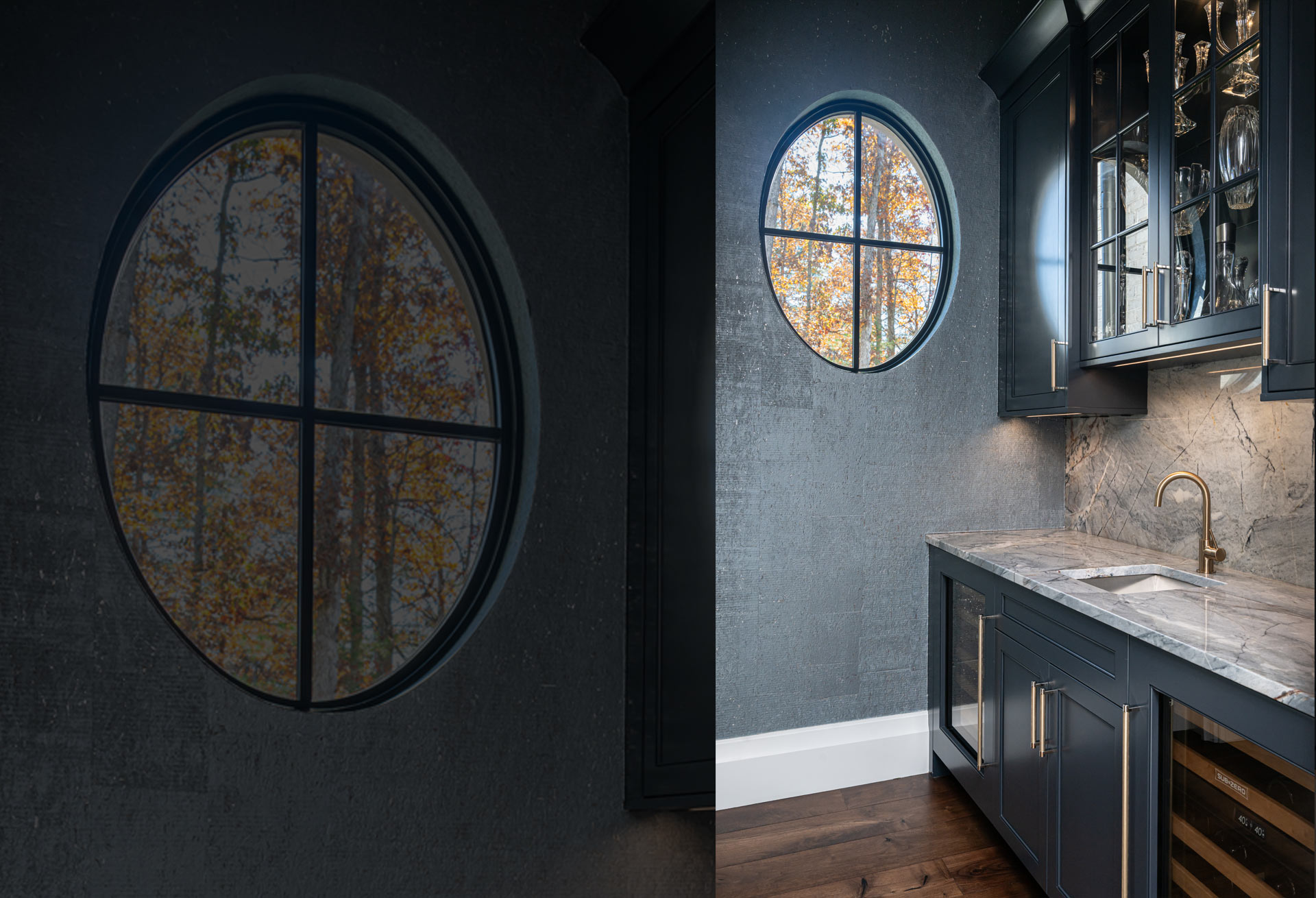 Wine bar tucked beside dining room and kitchen for easy entertaining in style