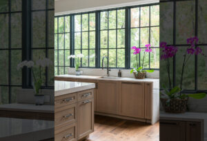 Custom designed kitchen in Asheville home with unique wall of windows design surrounding sink base
