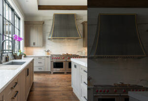 Wolf 60 inch dual fuel range and vent hood liner in custom designed hood