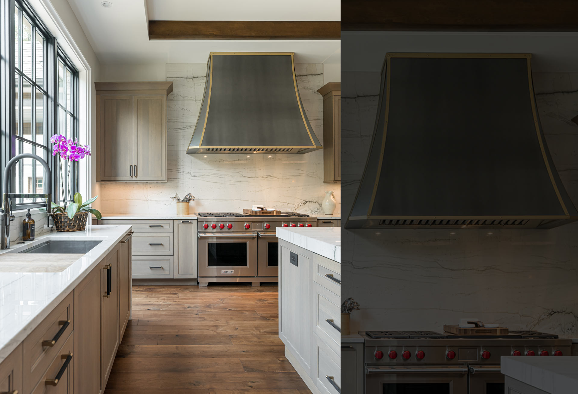 Wolf 60 inch dual fuel range and vent hood liner in custom designed hood