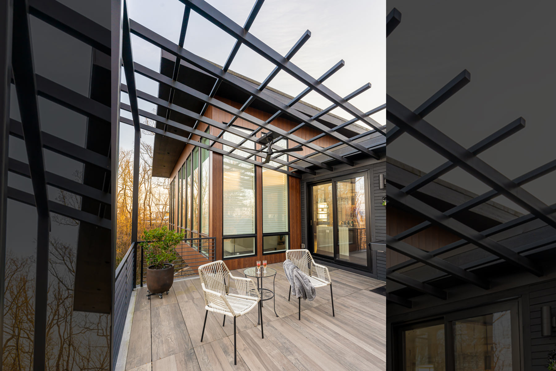 Modern pergola design over deck with