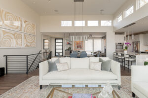 Clerestory windows let light in the open concept interior.