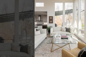 Wall of windows overlooking mountain view