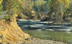Nolichucky River washed out river bank in Erwin, TN after Hurricane Helene 2024
